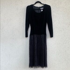 Lanz originals dress black velvet, lace, satin bow belt, puff sleeves, 80s